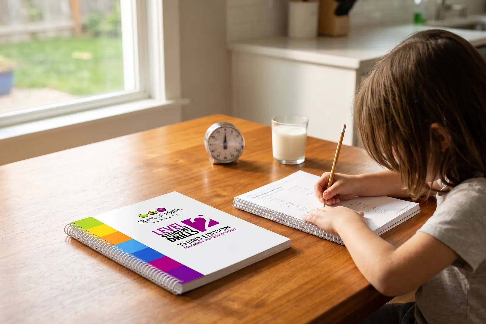 A child writing quickly in the Spirit of Math Drills Level 2 workbook at a table, with a timer beside it