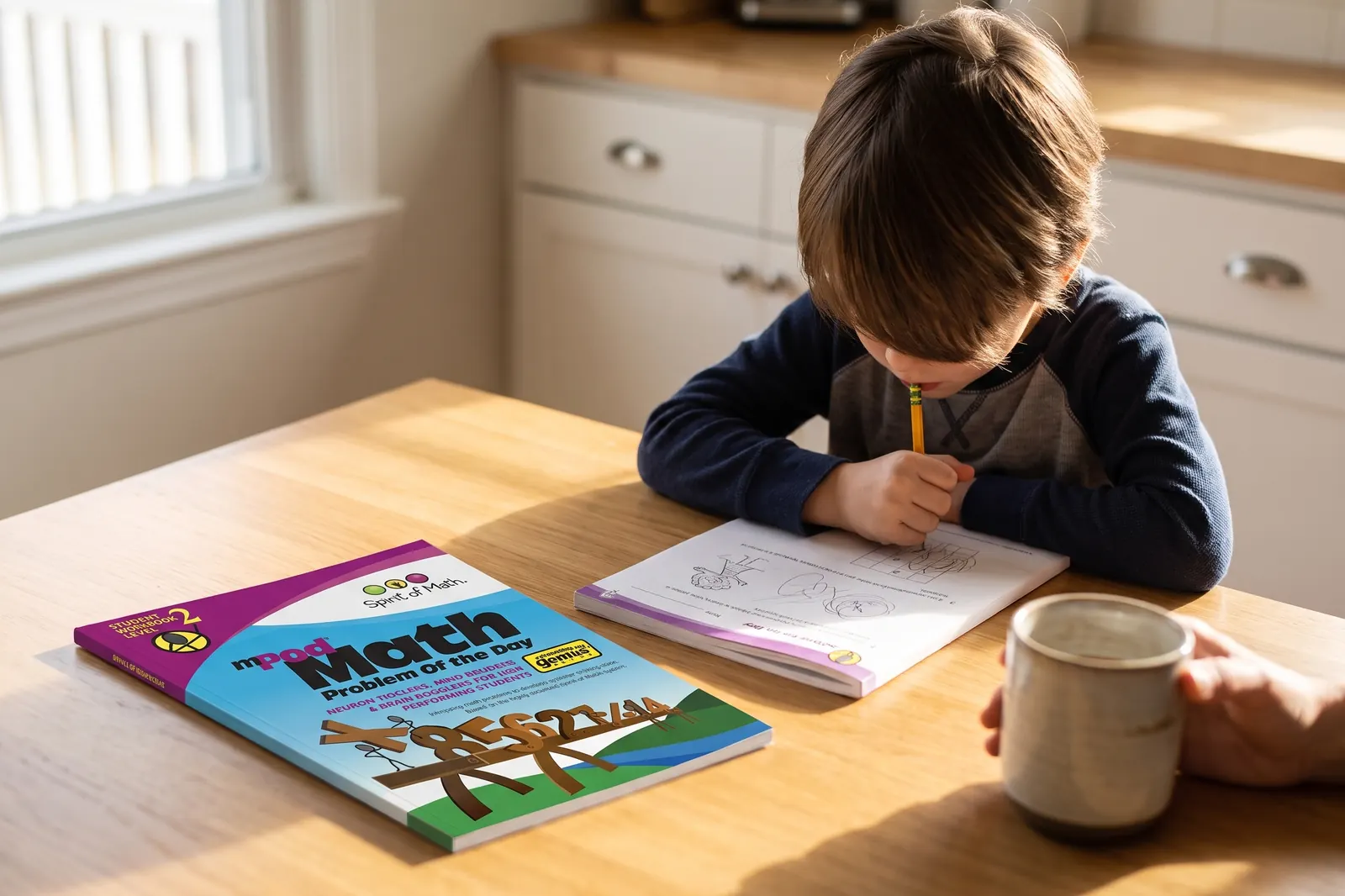 A child thinking over a problem in the Math Problem of the Day Level 2 workbook at a table